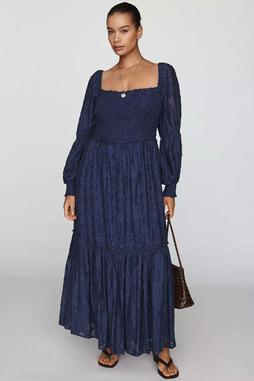nwt by ANTHROPOLOGIE sz XL Tiered Puff Sleeve Midi Dress in navy